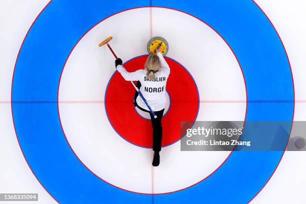 Kristin Skaslien of Team Norway competes against Team United States during the Curling Mixed Doubles Round Robin ahead of the Beijing 2022 Winter...