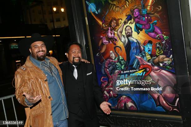 James Balsamo and Bill Victor Arucan attend the "Alien Danger 2! With Raven Van Slender" Premiere at TCL Chinese Theatre on February 02, 2022 in...
