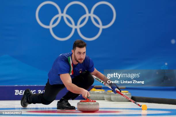 Amos Mosaner of Team Italy competes against Team Switzerland during the Curling Mixed Doubles Round Robin ahead of the Beijing 2022 Winter Olympics...