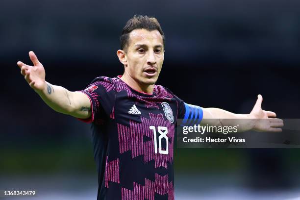 Andres Guardado of Mexico gestures during the match between Mexico and Panama as part of the Concacaf 2022 FIFA World Cup Qualifier at Azteca Stadium...