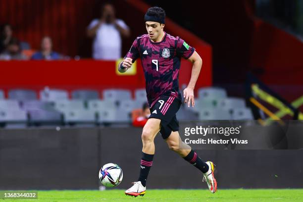 Raul Jimenez of Mexico drives the ball during the match between Mexico and Panama as part of the Concacaf 2022 FIFA World Cup Qualifier at Azteca...