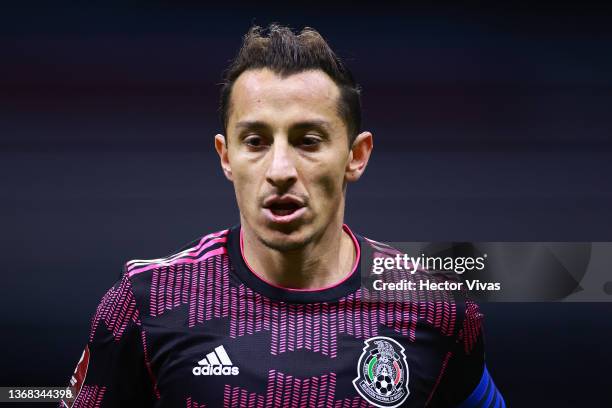 Andres Guardado of Mexico gestures during the match between Mexico and Panama as part of the Concacaf 2022 FIFA World Cup Qualifier at Azteca Stadium...