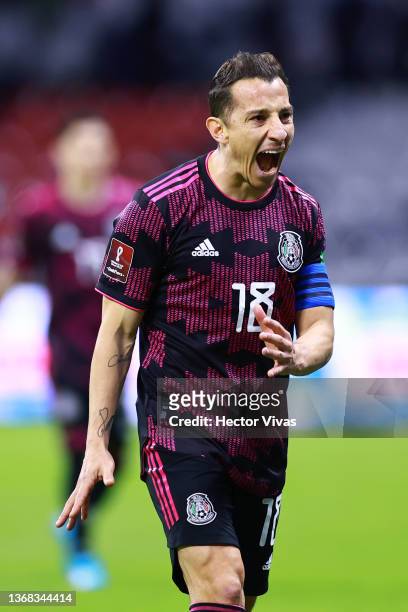 Andres Guardado of Mexico gestures during the match between Mexico and Panama as part of the Concacaf 2022 FIFA World Cup Qualifier at Azteca Stadium...
