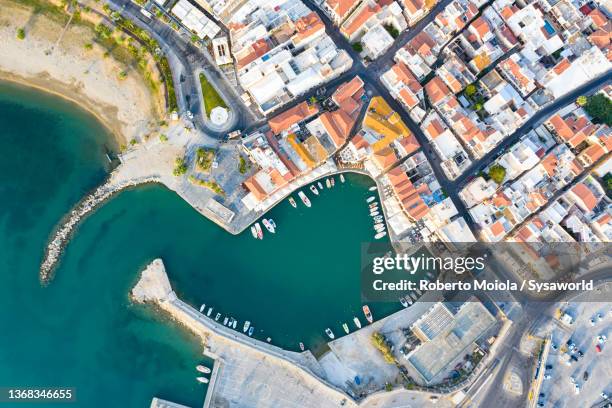 aerial view of the old venetian harbour, rethymno - crete rethymnon stock pictures, royalty-free photos & images