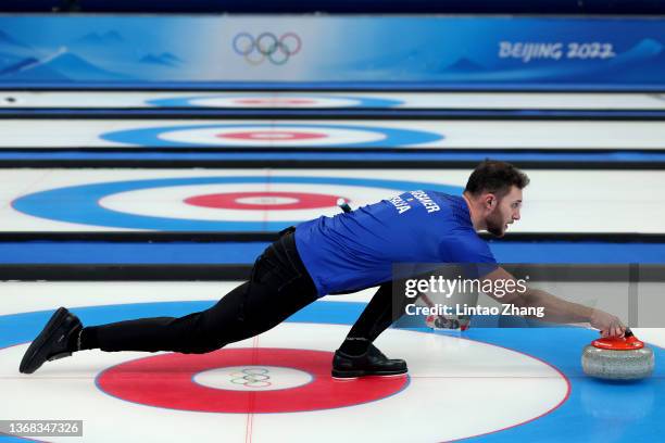 Amos Mosaner of Team Italy competes against Team Switzerland during the Curling Mixed Doubles Round Robin ahead of the Beijing 2022 Winter Olympics...