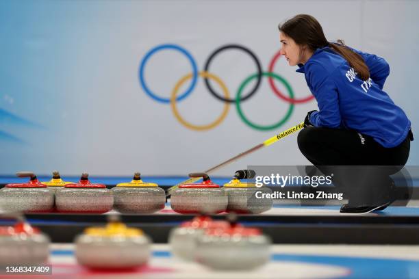 Stefania Constantini of Team Italy competes against Team Switzerland during the Curling Mixed Doubles Round Robin ahead of the Beijing 2022 Winter...