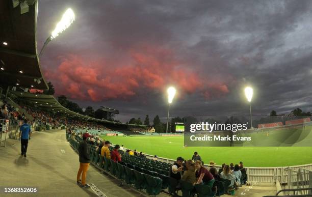General view as the sun sets during game one of the Women's Ashes One Day International series between Australia and England at Manuka Oval on...