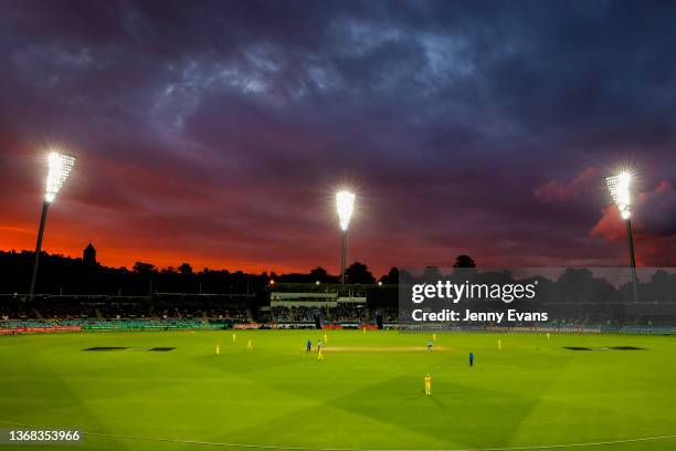 The sun sets over Manuka Oval during game one of the Women's Ashes One Day International series between Australia and England at Manuka Oval on...