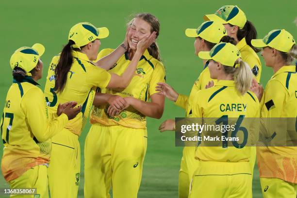 Darcie Brown of Australia celebrates the wicket of Sophie Ecclestone of England with team mates during game one of the Women's Ashes One Day...