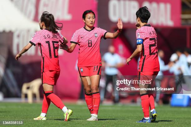 Jang Selgi, Cho So Hyon and Kim Hyeri of South Korea celebrate their 2-0 victory in the AFC Women's Asian Cup semi final between South Korea and...