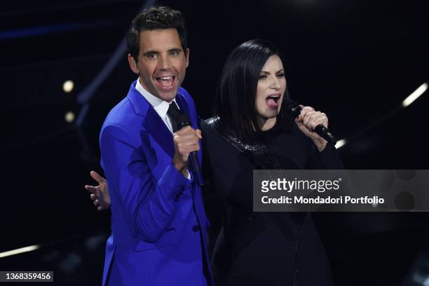 Italian singer Laura Pausini and English singer-songwriter Mika at 72 Sanremo Music Festival. Second evening. Sanremo , February 2nd, 2022