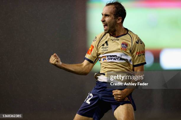 Angus Thurgate of the Jets celebrates his goal during the round 13 A-League men's match between Newcastle Jets and Brisbane Roar at McDonald Jones...