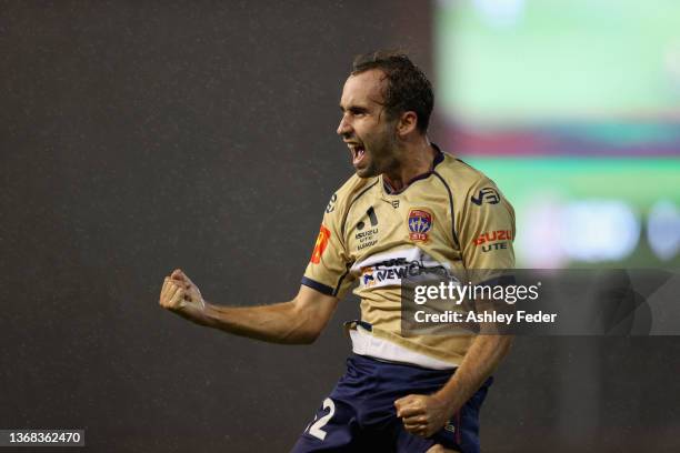 Angus Thurgate of the Jets celebrates his goal during the round 13 A-League men's match between Newcastle Jets and Brisbane Roar at McDonald Jones...