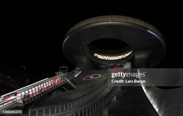 General view of the Ski Jump ramp during the Women's Normal Hill official Training at Zhangjiakou National Ski Jumping Centre on February 03, 2022 in...