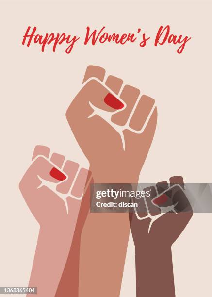 ilustrações de stock, clip art, desenhos animados e ícones de women's day card of women hands together. - girl power