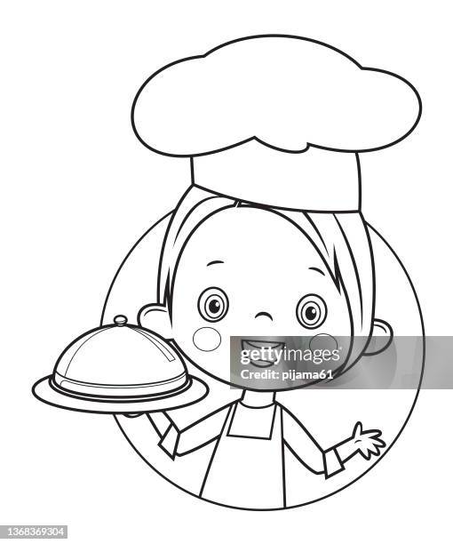 schwarz und weiß, süßer kinderkoch koch in der küche - ausmalen stock-grafiken, -clipart, -cartoons und -symbole