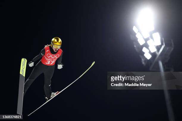 Nika Kriznar of Team Slovenia jumps during the Women's Normal Hill official Training at Zhangjiakou National Ski Jumping Centre on February 03, 2022...