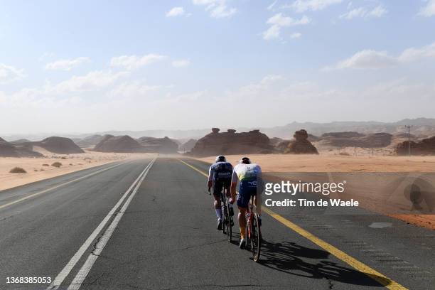 Iljo Keisse of Belgium and Team Quick-Step - Alpha Vinyl and Niccolo Bonifazio of Italy and Team Total Energies compete in the breakaway during the...