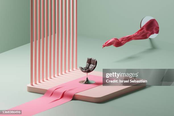 digitally generated image. leather armchair on a platform with a pink fabric with wavy shapes flying through the air over an isolated background. - green leather stock pictures, royalty-free photos & images