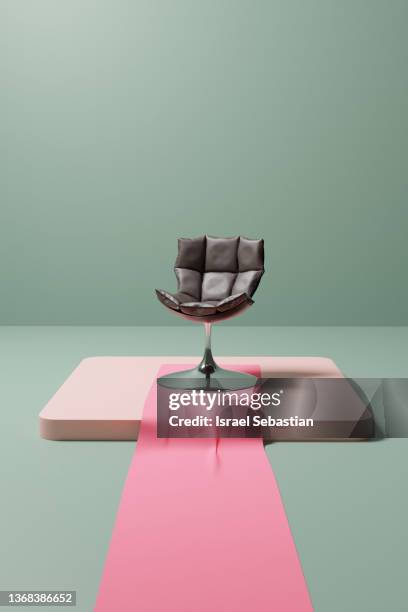 3d illustration. leather armchair on a podium with a pink carpet fabric. - espacio confortable fotografías e imágenes de stock