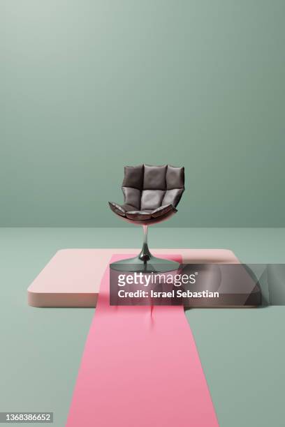 3d illustration. leather armchair on a podium with a pink carpet fabric. - armchair stock pictures, royalty-free photos & images