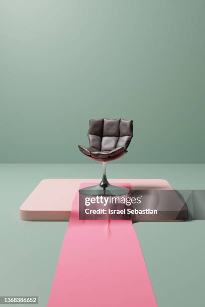 3d illustration. leather armchair on a podium with a pink carpet fabric. - cadeira - fotografias e filmes do acervo