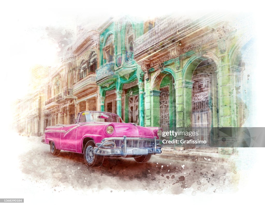 Oldtimer classic convertible vintage car in Old Havana Cuba watercolour painting