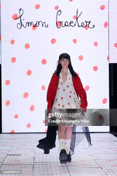 Anna Lou Castoldi walks the runway at the Simon Craker "Sulle corna della luna" fashion show during Altaroma 2022 at Cinecitta Studios on February...