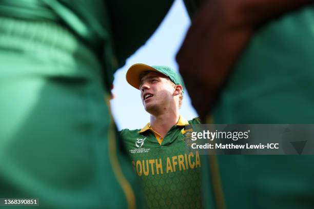 George van Heerden of South Africa speaks to their aide in the huddle during the 7th/8th Playoff match between South Africa and Bangladesh at...