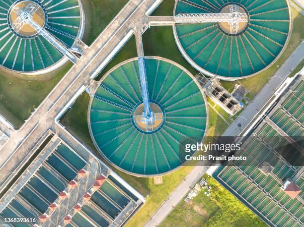 aerial view of the solid contact clarifier tank type sludge recirculation in water treatment plant - organisation environnement ストックフォトと画像