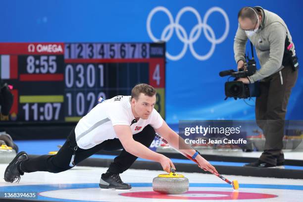 Magnus Nedregotten of Team Norway competes during the Curling Mixed Doubles Round Robin ahead of the Beijing 2022 Winter Olympics at National...