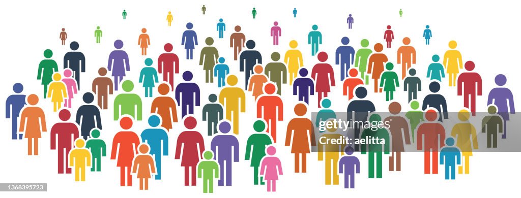 Vector illustration of large group of people, which contains icons of women, men, children, families, seniors.