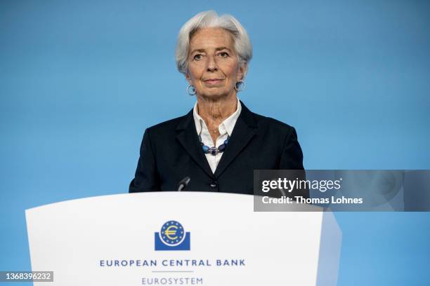 Christine Lagarde, President of the European Central Bank, speaks to the media following a meeting of the ECB Governing Council on February 03, 2022...