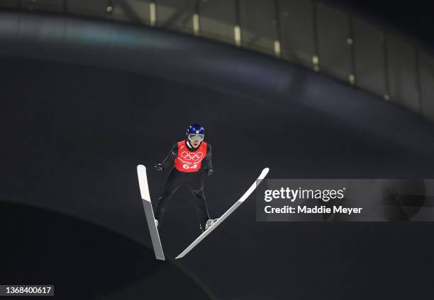 Ryoyu Kobayashi of Team Japan jumps during the Men's Normal Hill official Training at Zhangjiakou National Ski Jumping Centre on February 03, 2022 in...