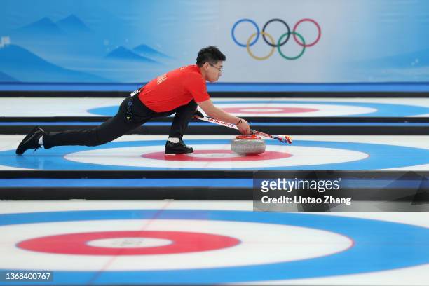 Zhi Ling of Team China competes against Team Sweden during the Curling Mixed Doubles Round Robin ahead of the Beijing 2022 Winter Olympics at...
