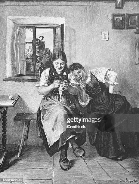 man at the window overhears two young women gossiping - eavesdropping stock illustrations
