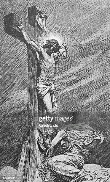 the redeemer on the cross, side view - drawings of jesus on the cross stock illustrations