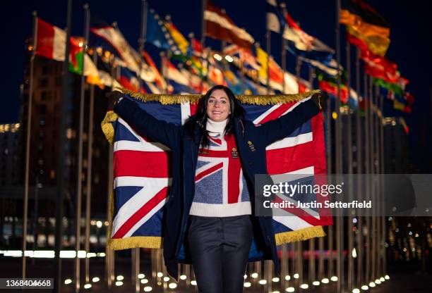 Eve Muirhead of Team Great Britain poses with the Union Jack flag during the Great Britain 2022 Winter Olympics Flagbearer announcement on February...