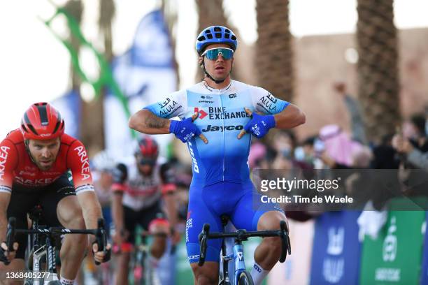 Dylan Groenewegen of Netherlands and Team BikeExchange - Jayco celebrates winning during the 6th Saudi Tour 2022, Stage 3 a 181,2 km stage from Tayma...