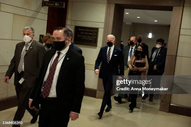 President Joe Biden departs from the 70th National Prayer Breakfast in the U.S. Capitol Visitor Center on February 03, 2022 in Washington, DC....