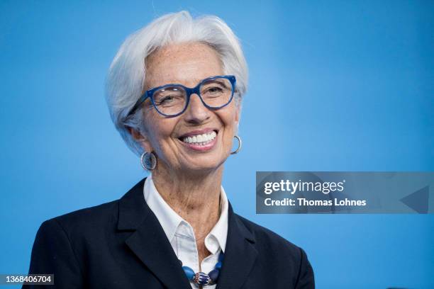 Christine Lagarde, President of the European Central Bank, speaks to the media following a meeting of the ECB Governing Council on February 03, 2022...