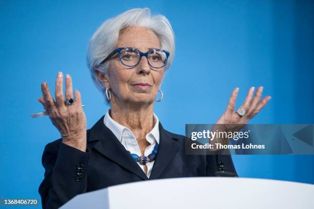 Christine Lagarde, President of the European Central Bank, speaks to the media following a meeting of the ECB Governing Council on February 03, 2022...