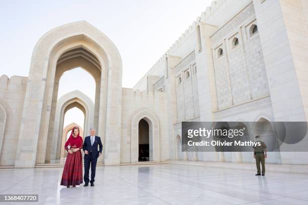 King Philippe of Belgium and Queen Mathilde of Belgium visit the Sultan Qaboos Grand Mosque on February 3, 2022 in Muscat, Oman. The King and Queen...