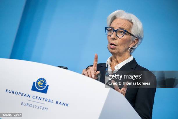 Christine Lagarde, President of the European Central Bank, speaks to the media following a meeting of the ECB Governing Council on February 03, 2022...