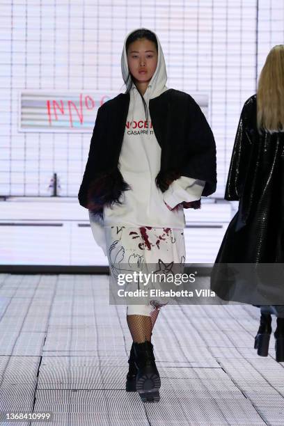 Model walks the runway at the Casa Preti "Innocenza" fashion show during Altaroma 2022 at Cinecitta Studios on February 03, 2022 in Rome, Italy.