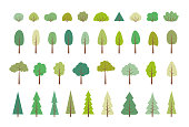 TREES. Vector set of flat trees, forest and bush.