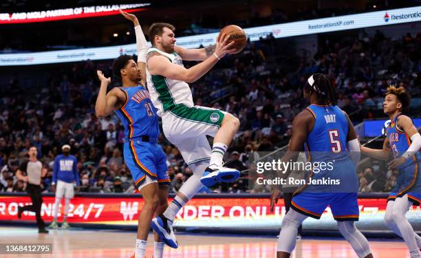 Luka Doncic of the Dallas Mavericks handles the ball against the Oklahoma City Thunder in the second half at American Airlines Center on February 2,...