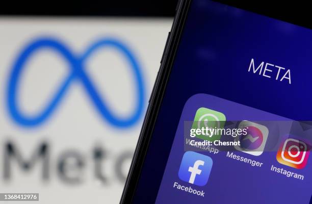 In this photo illustration, The logos of applications, WhatsApp, Messenger, Instagram and facebook belonging to the company Meta are displayed on the...