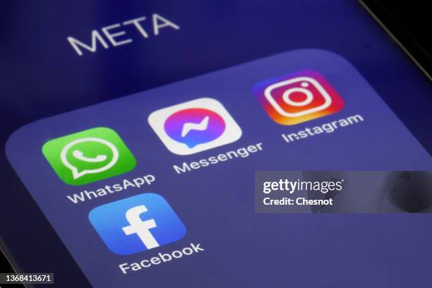 In this photo illustration, The logos of applications, WhatsApp, Messenger, Instagram and facebook belonging to the company Meta are displayed on the...