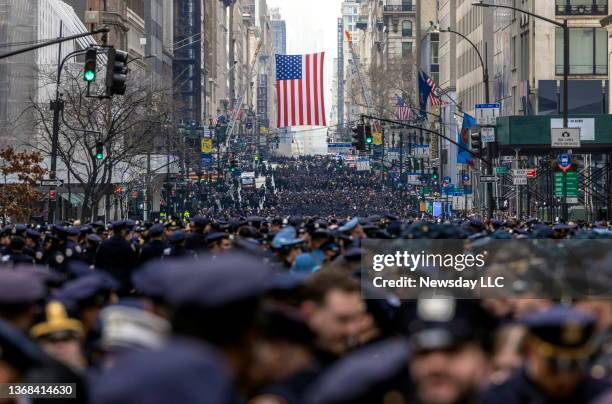 Sea of police officers gather for the funeral of fallen NYPD officer Wilbert Mora at St. Patrick's Cathedral in Manhattan on February 2, 2022 in New...
